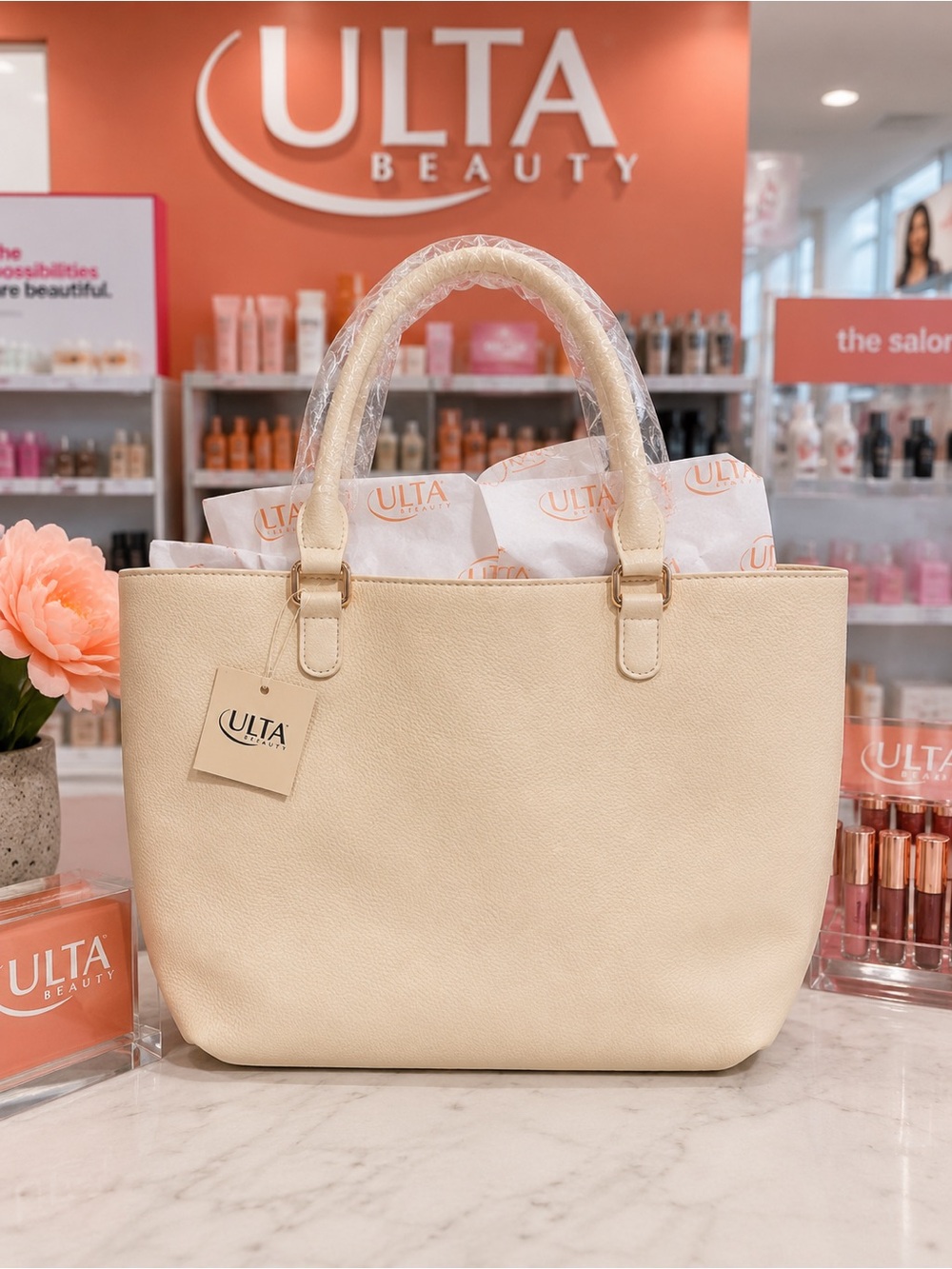 Ulta Beauty NWT Cream Faux Leather Braided Handle Work Tote Bag Large